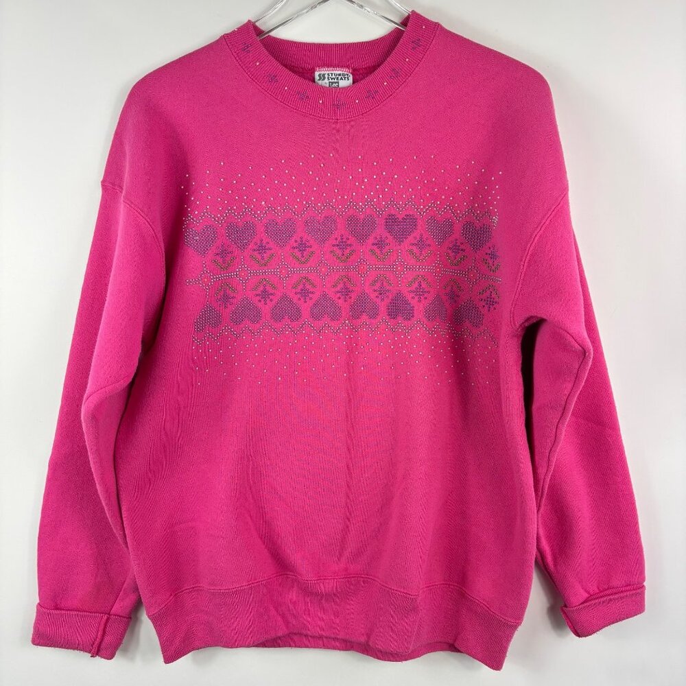 Vintage women’s Valentines crew neck XL pink hearts beaded Lee shirt USA